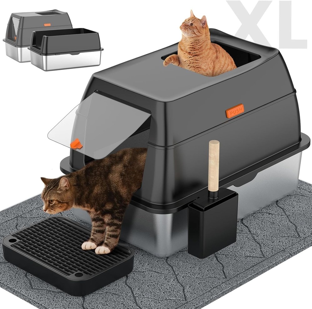 Stainless steel litter box with lid, front-loading and top-discharging design