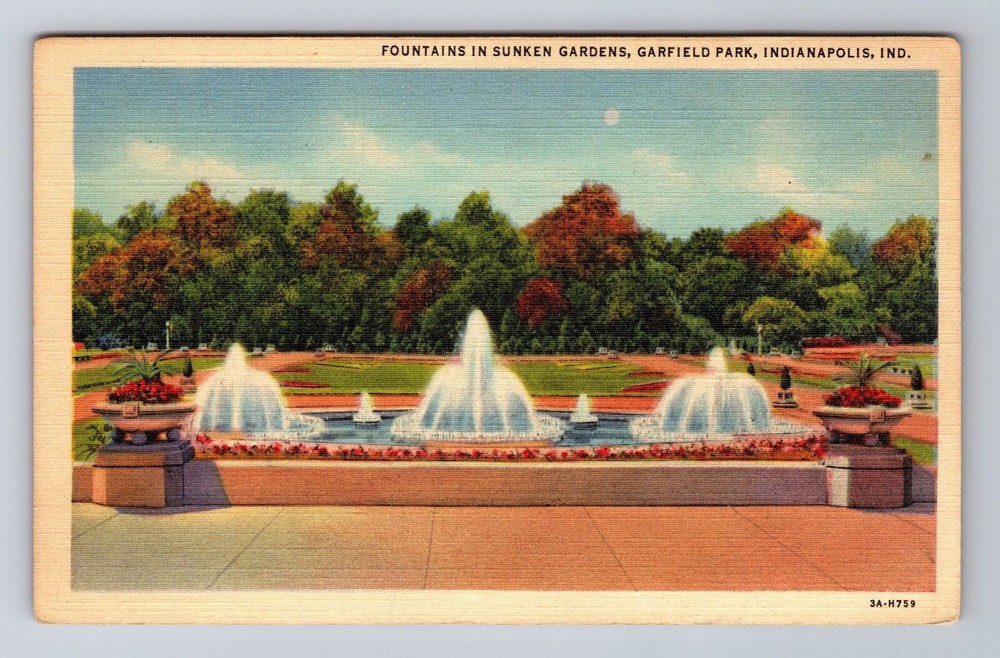 Indianapolis IN-Indiana, Garfield Park, Fountains Sunken Garden Vintage Postcard