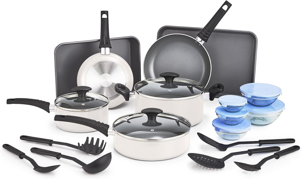 Nonstick Cookware Set with Glass Lids - Aluminum Pots, Pans & Bakeware with Storage