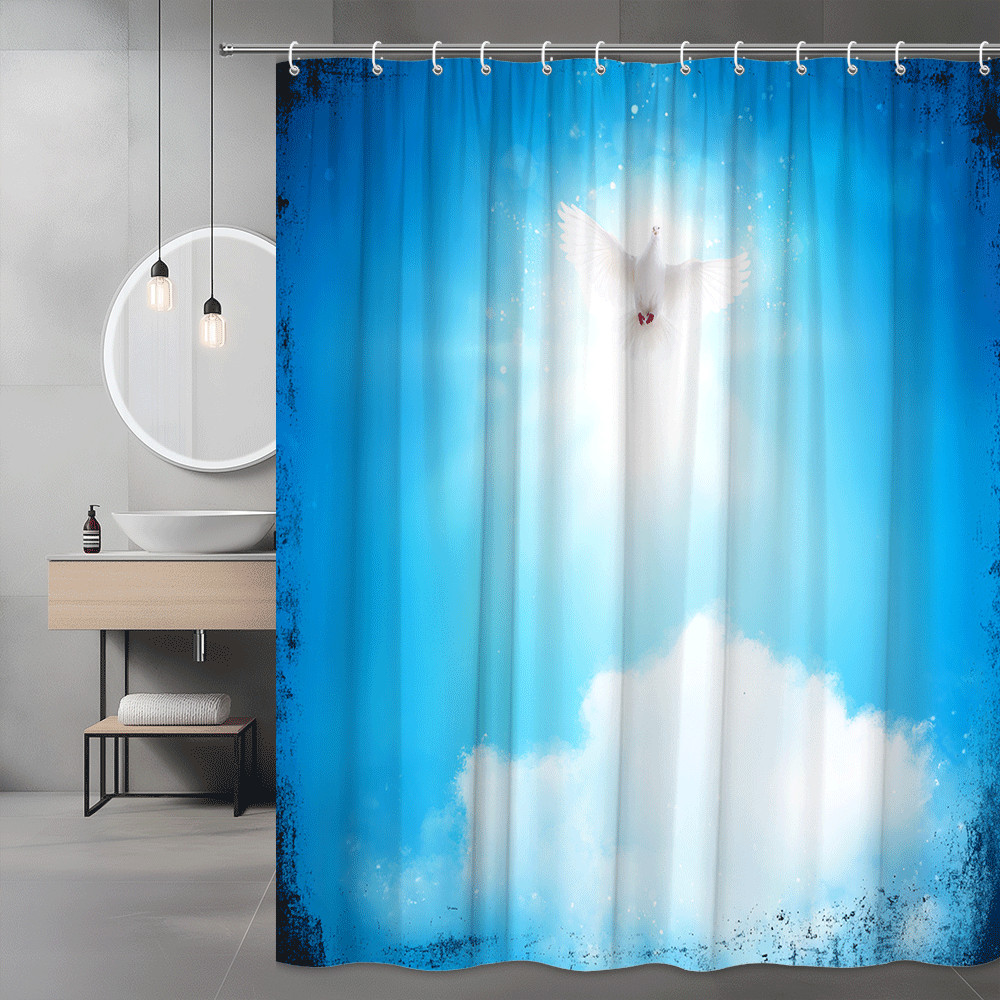 White Dove in Blue Sky Shower Curtain Cloud Print