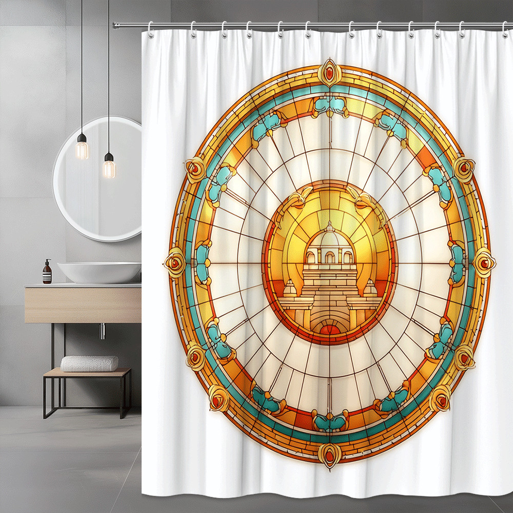 Stained Glass Window Round Shower Curtain Orange Teal Center Design