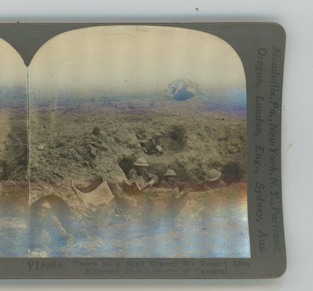 Down in Shell Crater Battle of Cambrai Germany WWI Keystone Stereoview