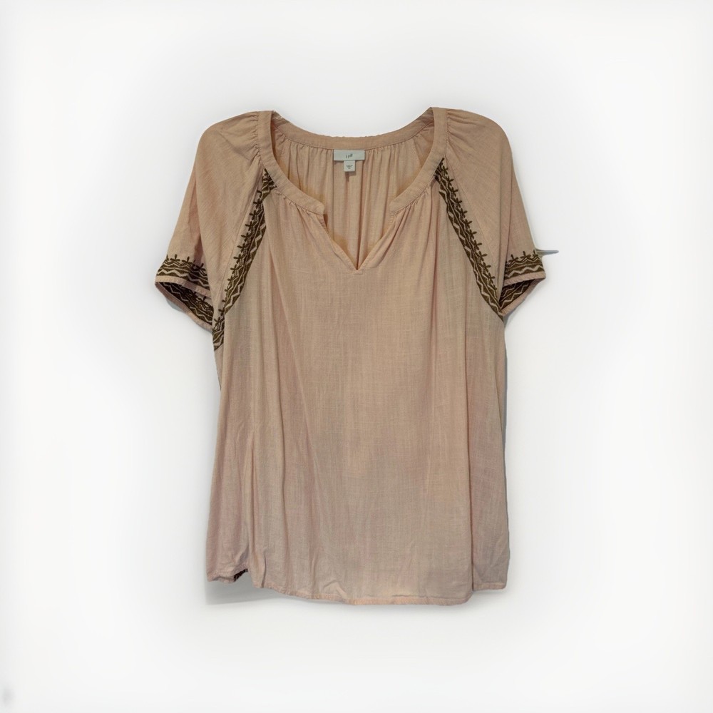 Jill Womens Linen Blend Boho Embroidered Blouse Pink XL Casual Beach Top