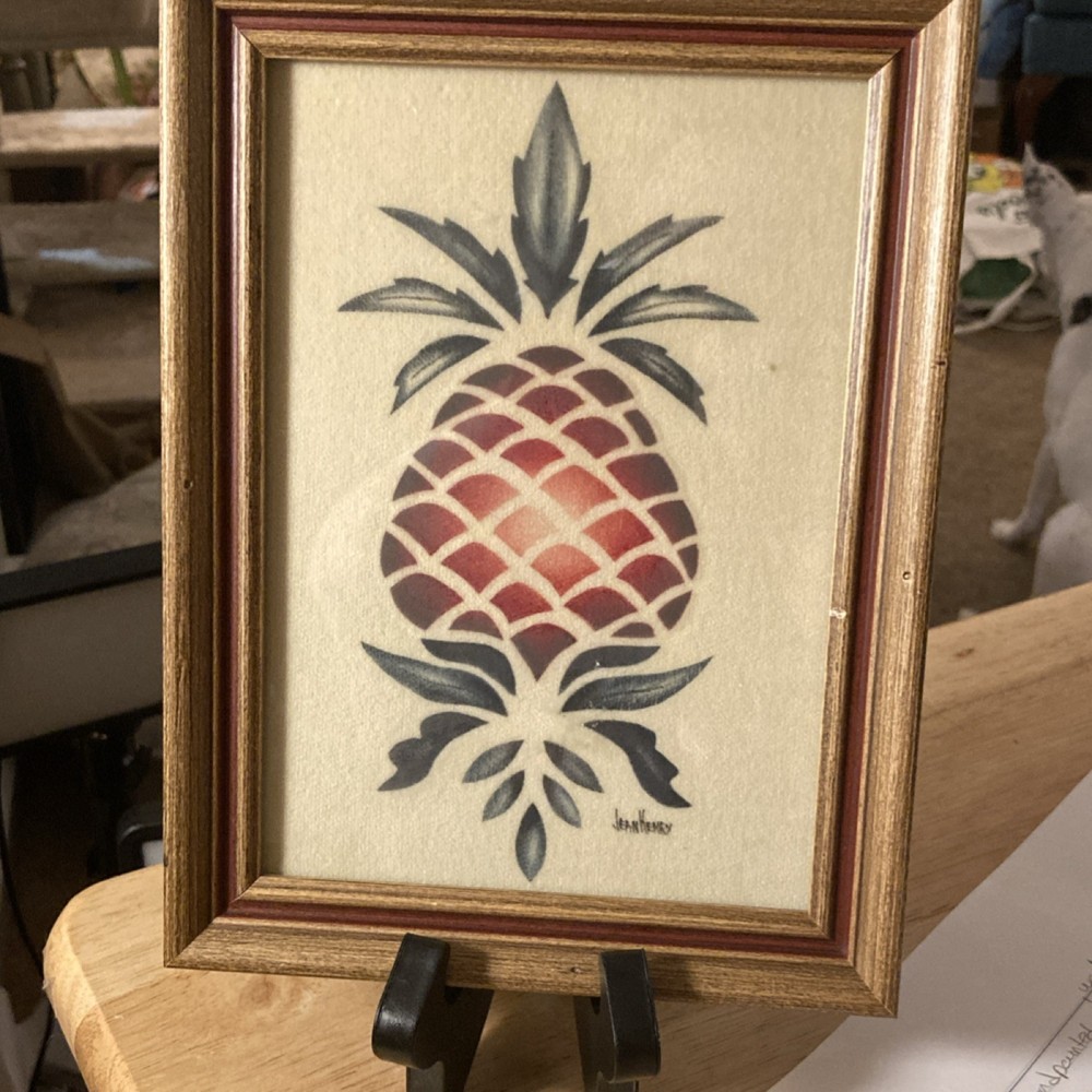 Jean Henry Theorem Pineapple Folk Art Oil Painting on Velvet Framed OOAK