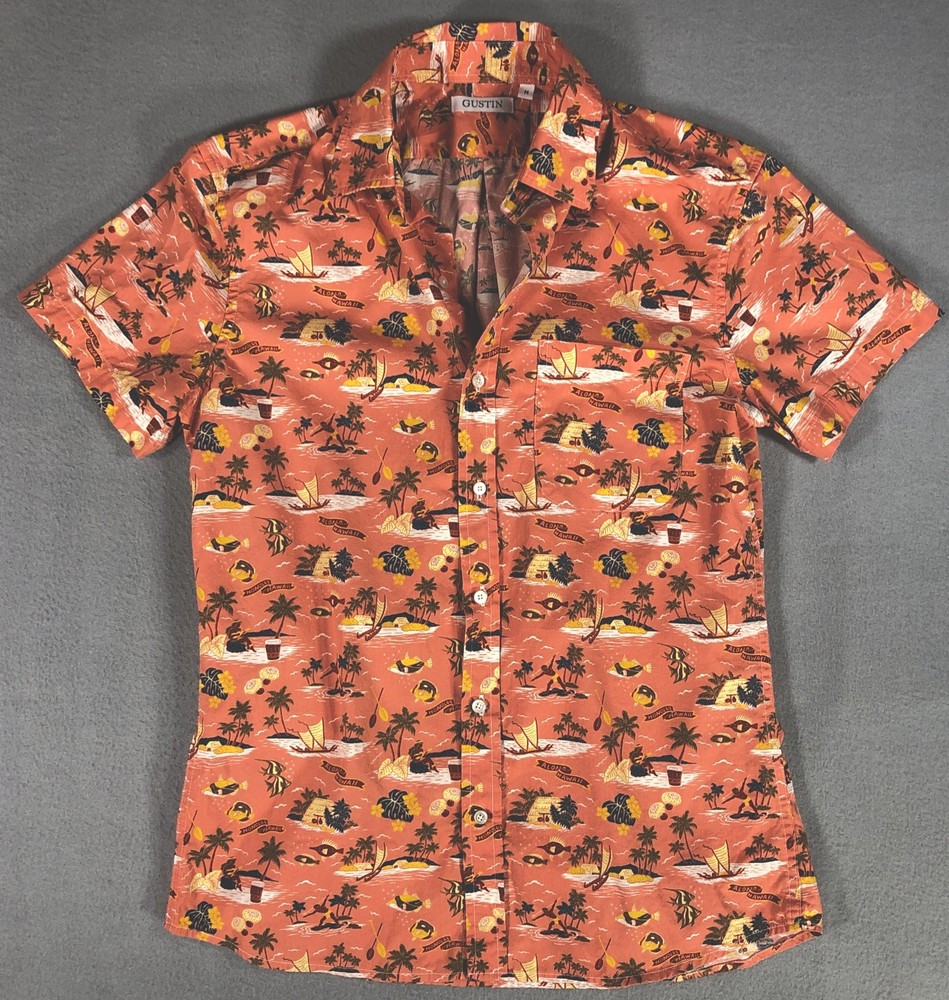 Gustin Retro Hawaiian Salmon Short Sleeve Shirt Cotton Men’s Medium Made In USA