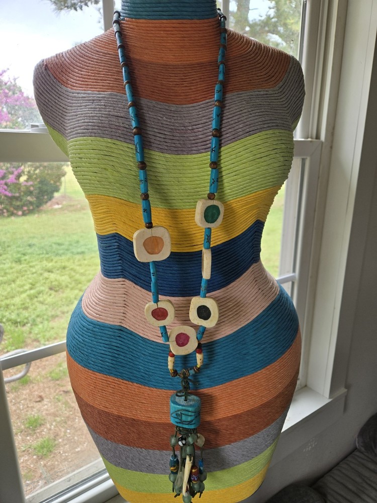 Vintage Handcrafted Artisan Boho Folk Art Necklace Wood Glass Bead Carvings