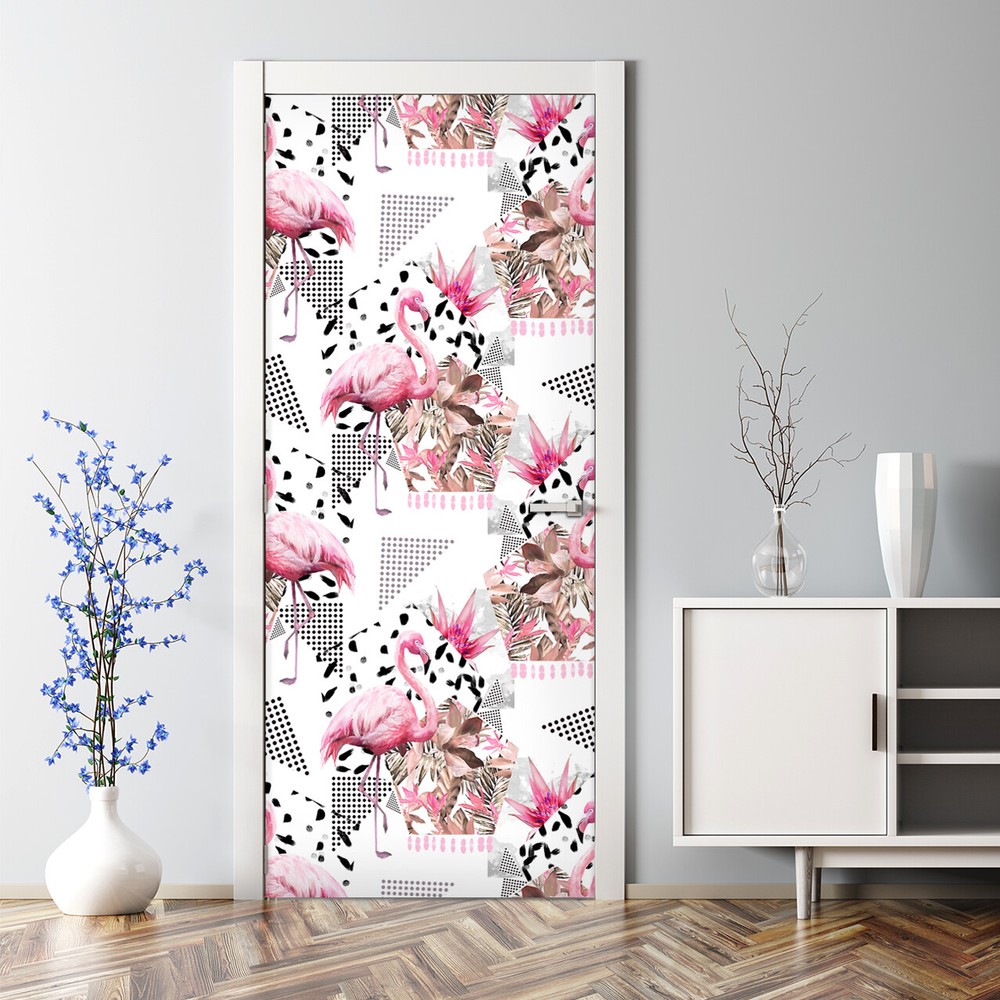 Abstract Pink Flamingo Door Decal | Delicate Self-Adhesive Flamingo Decor