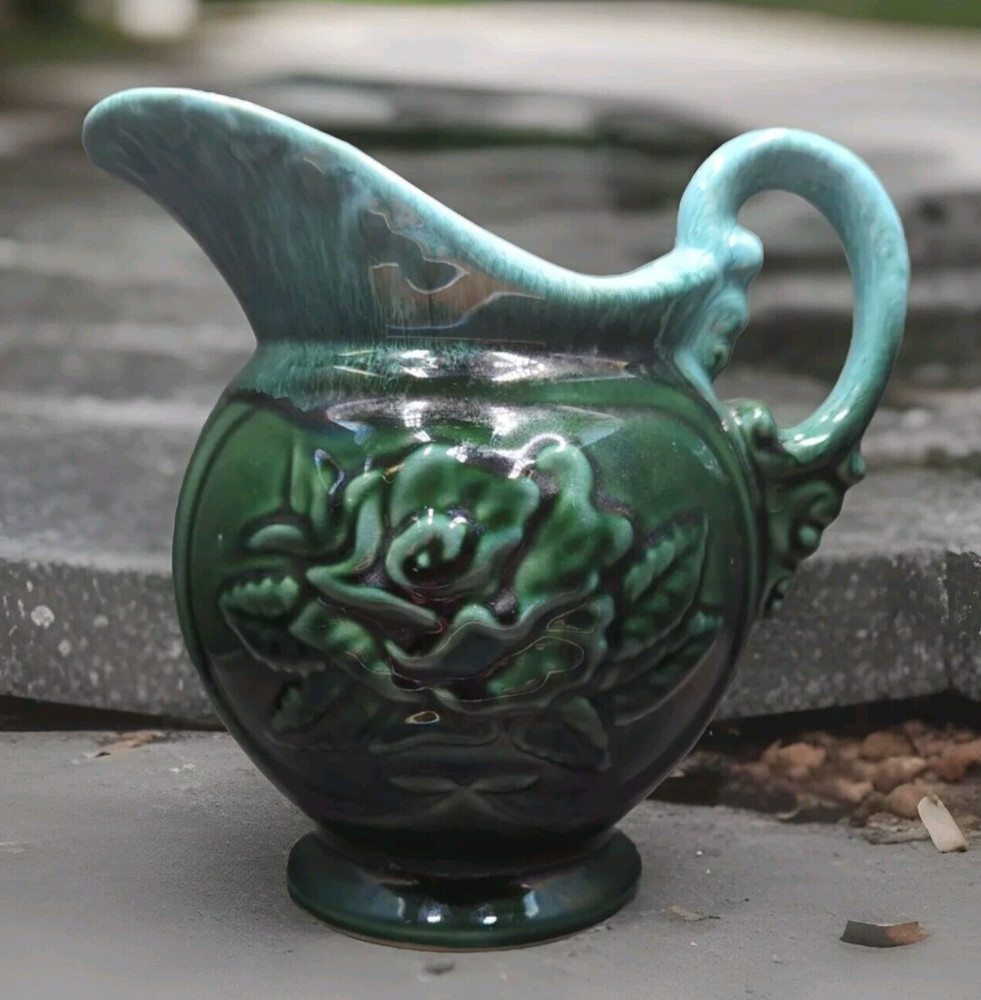 Vintage Hull #A50 Pottery Pitcher USA Blue Green Drip Glaze Embossed Rose