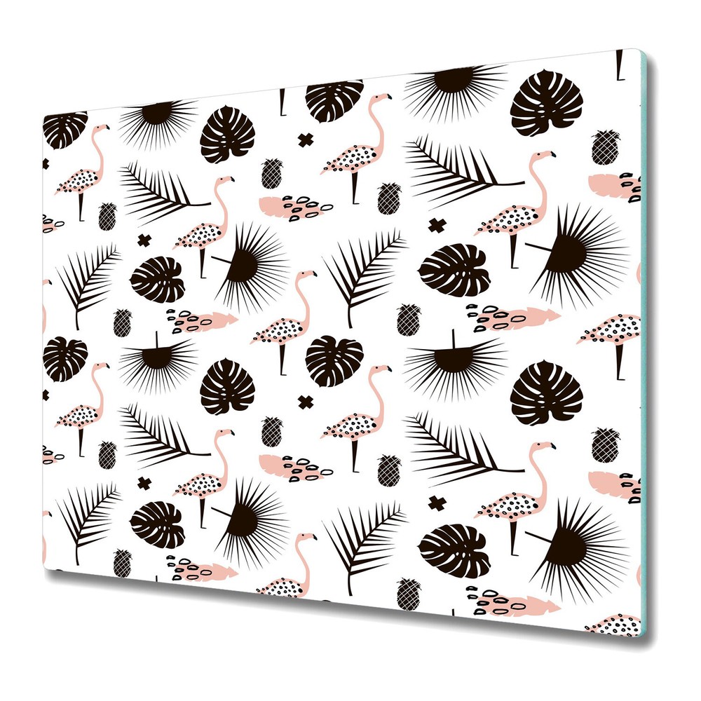 Glass Induction Ceramic Hob Cover Trendy Palm Branch and Flamingo 60x52