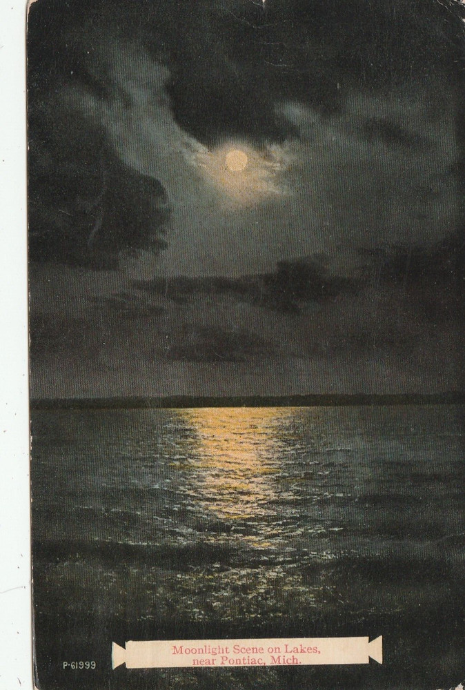Pontiac Michigan MI, Moonlight on Lakes Souvenir Vintage Postcard