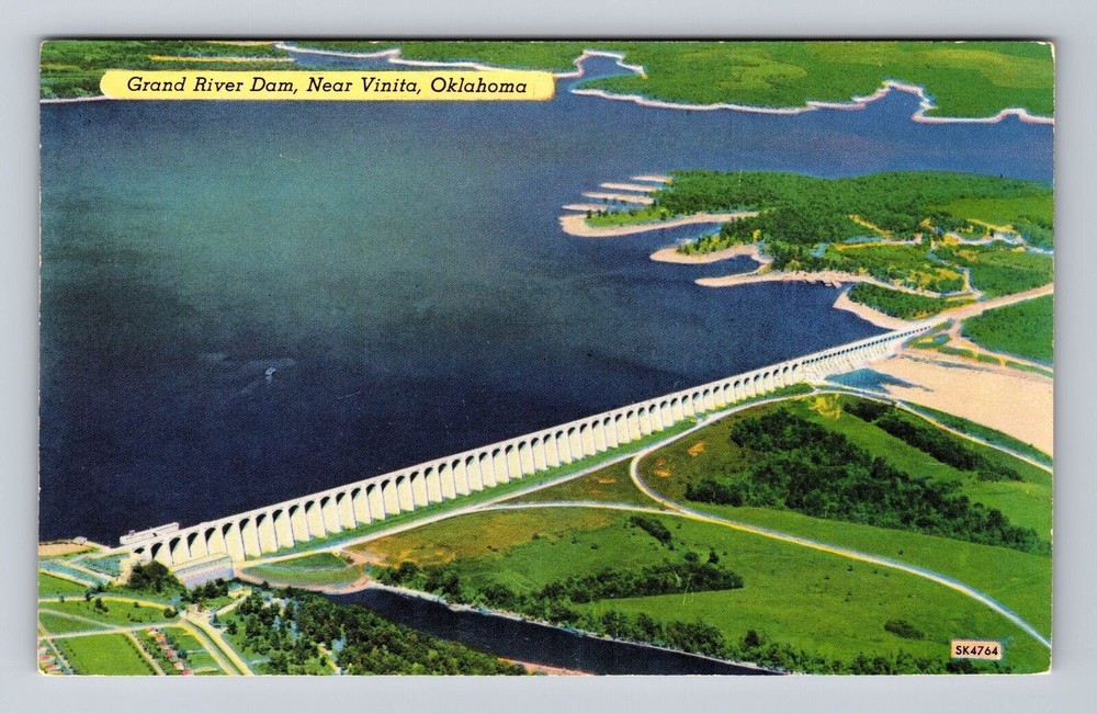 Vinita OK-Oklahoma, Aerial Grand River Dam, Antique, Vintage Postcard