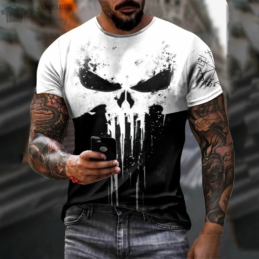 Men’s Oversized Skull T-Shirt | 3D Military Punisher Style Summer Tee