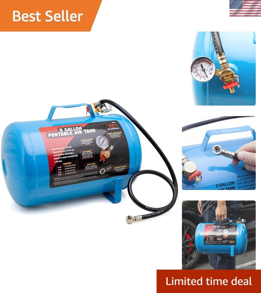 Lightweight 5 Gallon Air Tank - Horizontal Compressor with Pressure Gauge