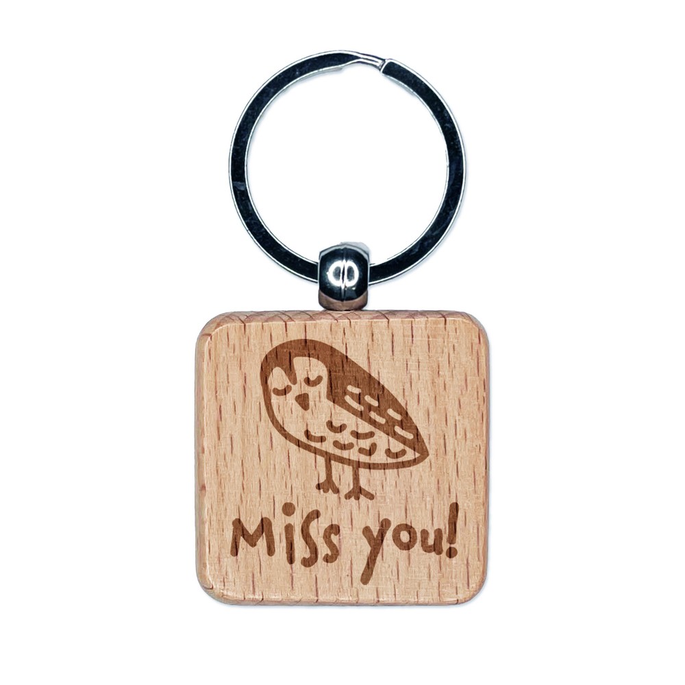 Miss You Owl Doodle Engraved Wood Square Keychain Tag Charm