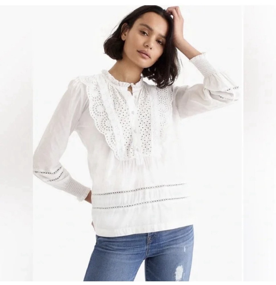 J.Crew Ruffle-neck Eyelet Top Size 6 White Long Sleeve Cotton