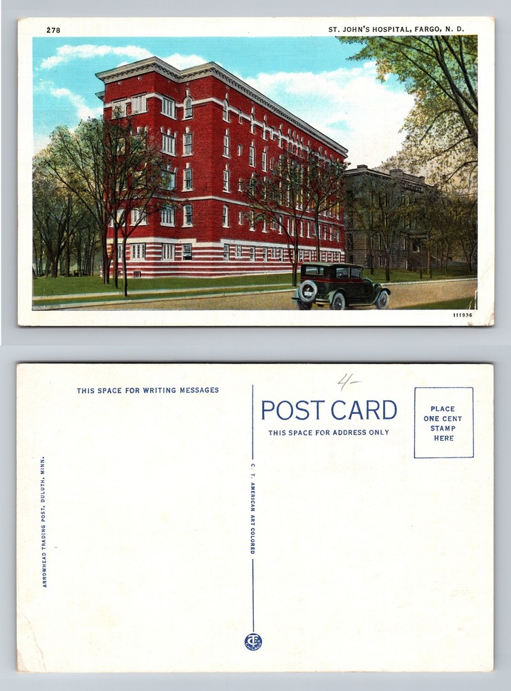 Fargo, ND-North Dakota, St John’s Hospital Brick Building Trees Vintage Postcard