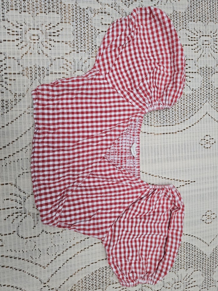 SIM & SAM Red/White Gingham Smocked Square Neck Puff Sleeve Crop Top Size M