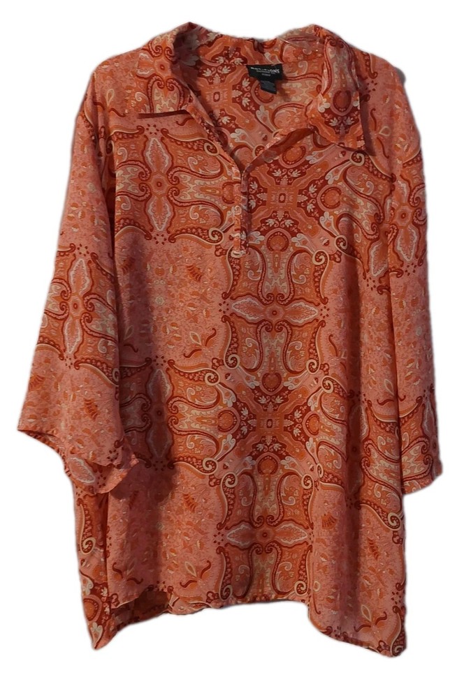 Notations Women's Shirt Size 3x Tunic Top Orange Pink Paisley Print Blouse