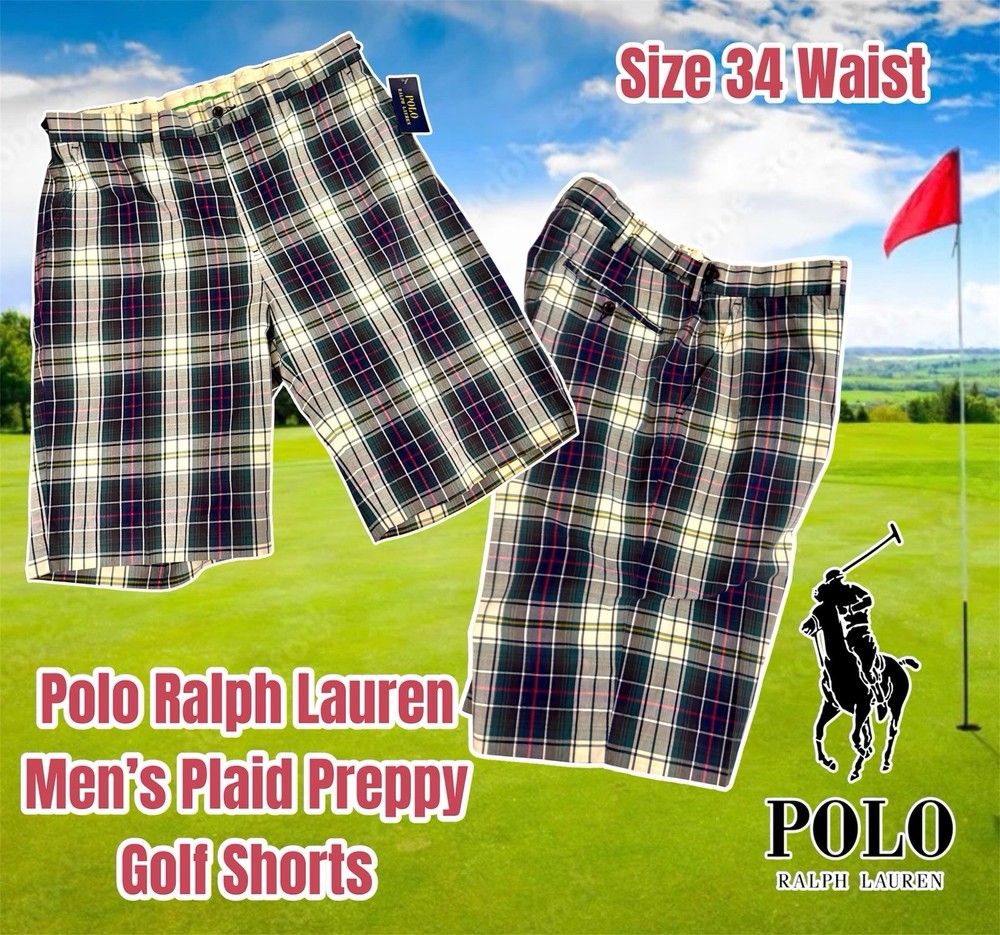 Polo Ralph Lauren Men’s Tartan Plaid Flat Front Preppy Golf Shorts, Size 34