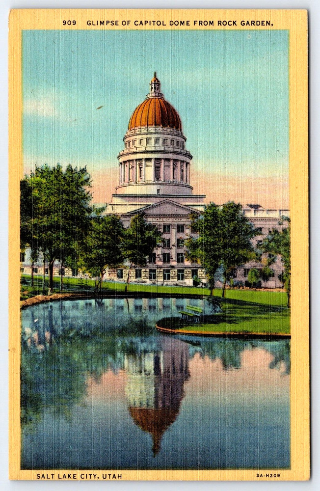 Salt Lake City Utah Capitol Building From Rock Garden Vintage Linen Postcard
