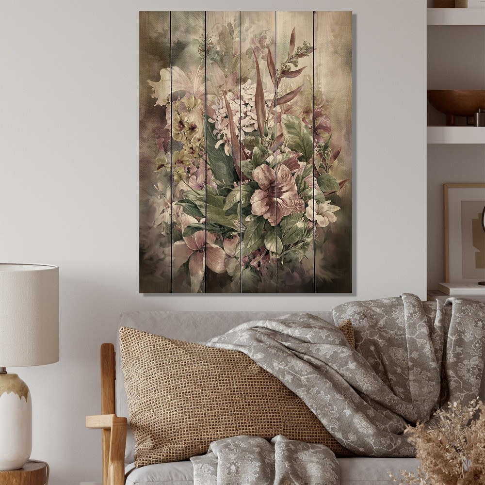 Designart 'Grunge Pink Grey Summer Flowers VIII' Traditional Wood Wall Art