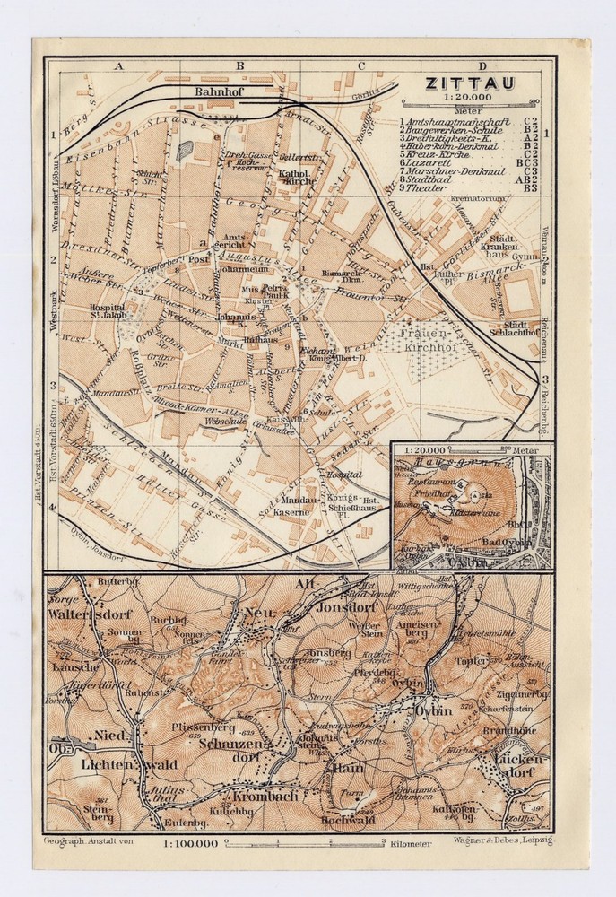 1914 Original Antique Map Of Zittau Zitawa Saxony Germany