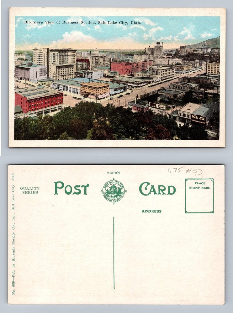 Salt Lake City, Utah, Business District Bird's-eye Souvenir PC Vintage Postcard
