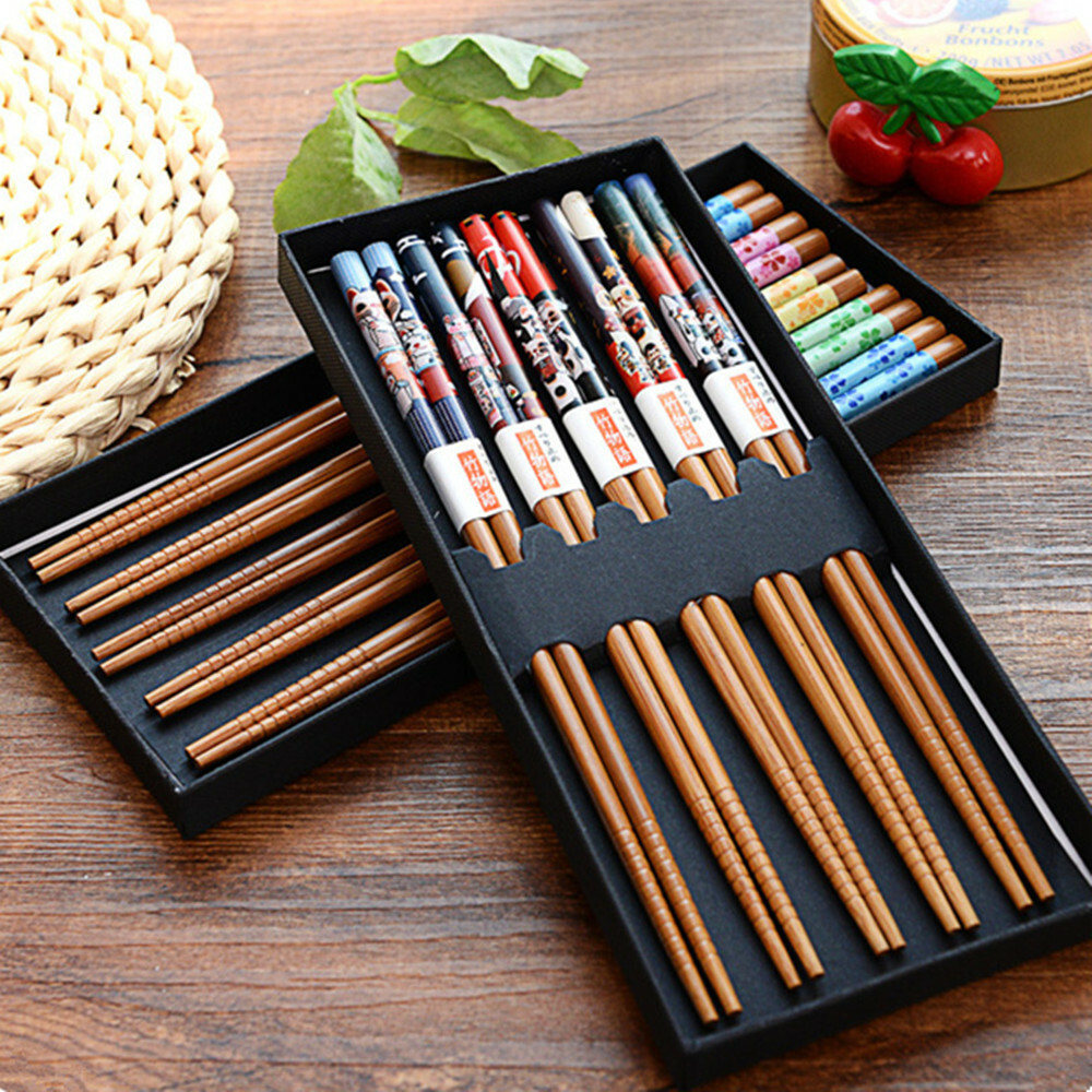 5 Pairs Lucky Cat Bamboo Chopsticks Non-Slip Kitchen Handmade Reusable Gift Set