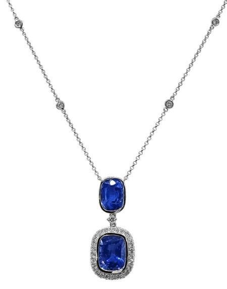 Large 4.62Ct Diamond & Aaa Sapphire 18Kt White Gold 3D Cushion & Round Necklace