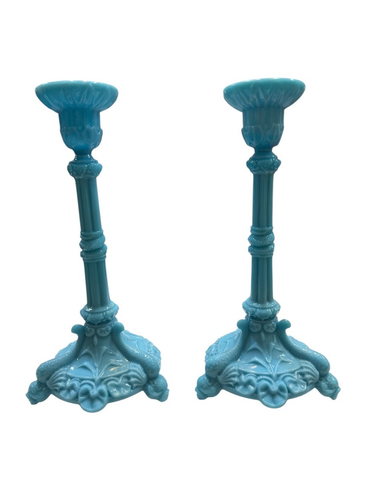 Portieux Vallerysthal Blue Opaline Pair Of Sea Serpent Dolphin Candlesticks Rare