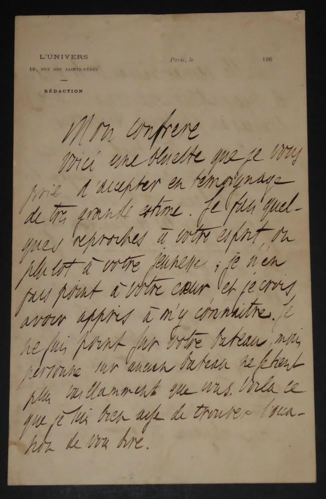 VEUILLOT Louis Belle LETTER AUTOGRAPH SIGNED, L'UNIVERS REDACTION Bluette Duel