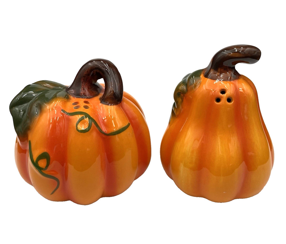 Fall Pumpkin Painted Ceramic Salt & Pepper Shakers, Orange, Autumn, Halloween
