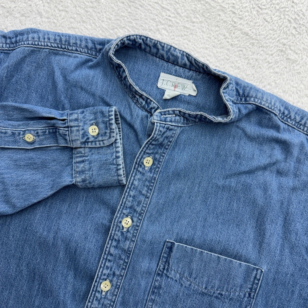 Vintage J.Crew Made in USA Denim Shirt Mens Large Band Collar Grandad Oarsman