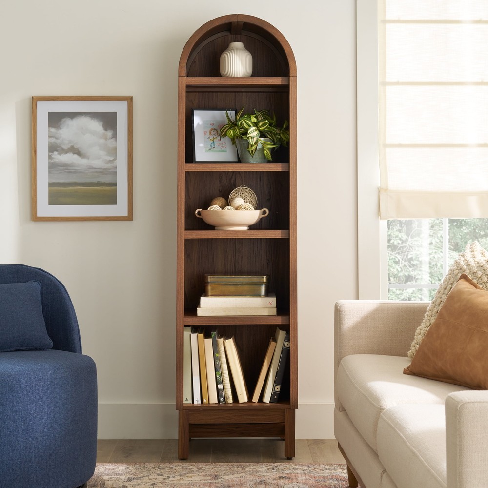 Arched Narrow Bookcase 66.5H 5 Shelves Walnut Finish Juliet Collection