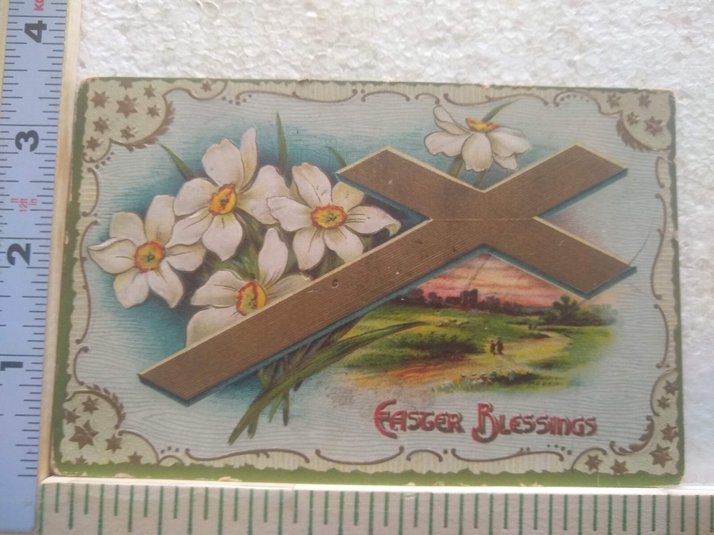 Postcard Embossed Flowers and Cross Art Print Easter Blessings Greeting Card