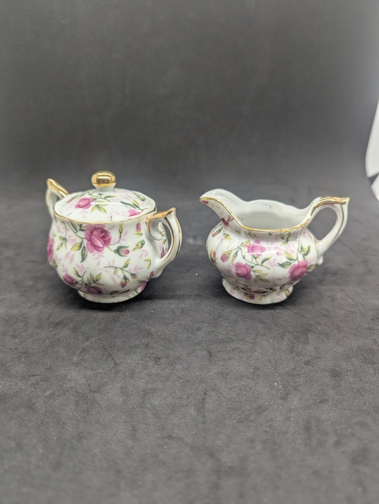 Lefton China Small Sugar Bowl w lid  Creamer Set Vintage Roses Chintz