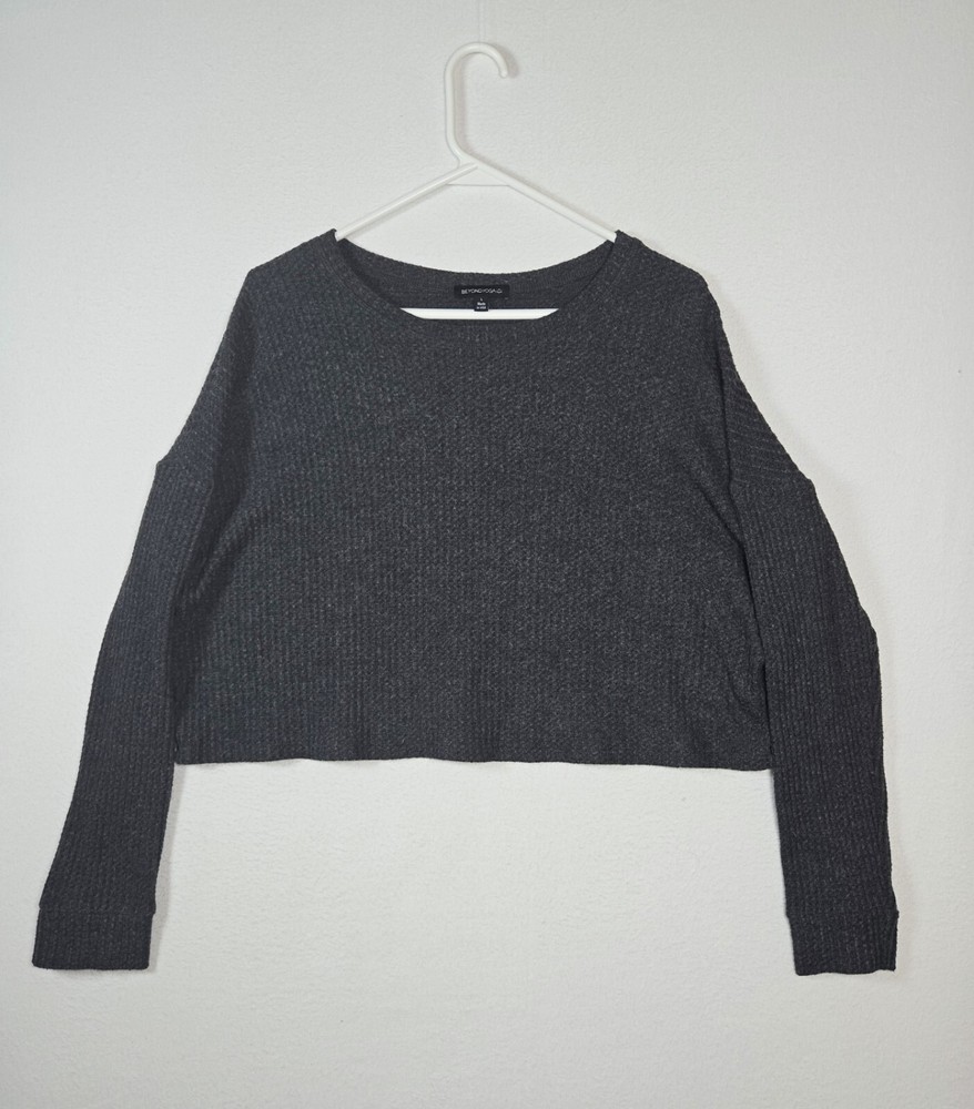 Beyond Yoga Cropped Thermal Top Womens L Gray Long Sleeve Waffle Knit