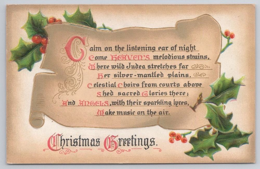 1910 Raphael Tuck Christmas Hymns Postcard - Bangor ME Postmark, Holly