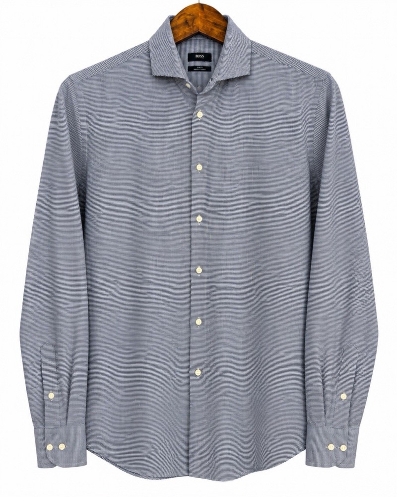 Hugo Boss Mens Blue Stretch Linen  Micro Check Shirt Slim Fit Button Front M