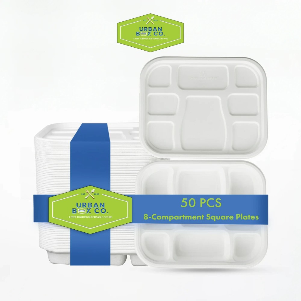 Urban Box Co 8-Section Eco-Friendly Meal Tray with Lid Heavy Duty Compostable 25-Pack