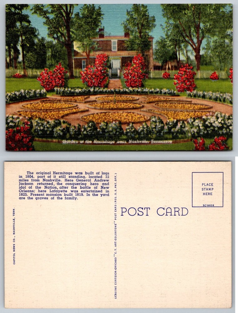 The Hermitage Garden Nashville TN Curteich Linen Postcard Andrew Jackson Home