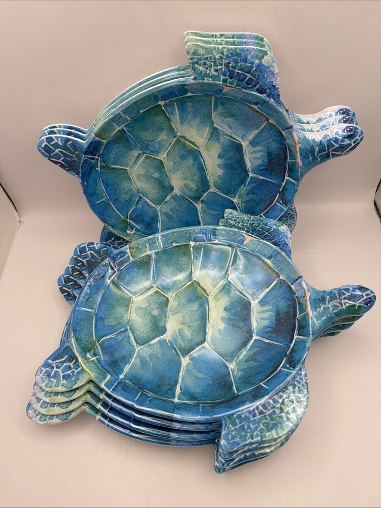 Pier 1 Imports Blue Textured Sea Turtle Appetizer Salad Plates Melamine Set of 7