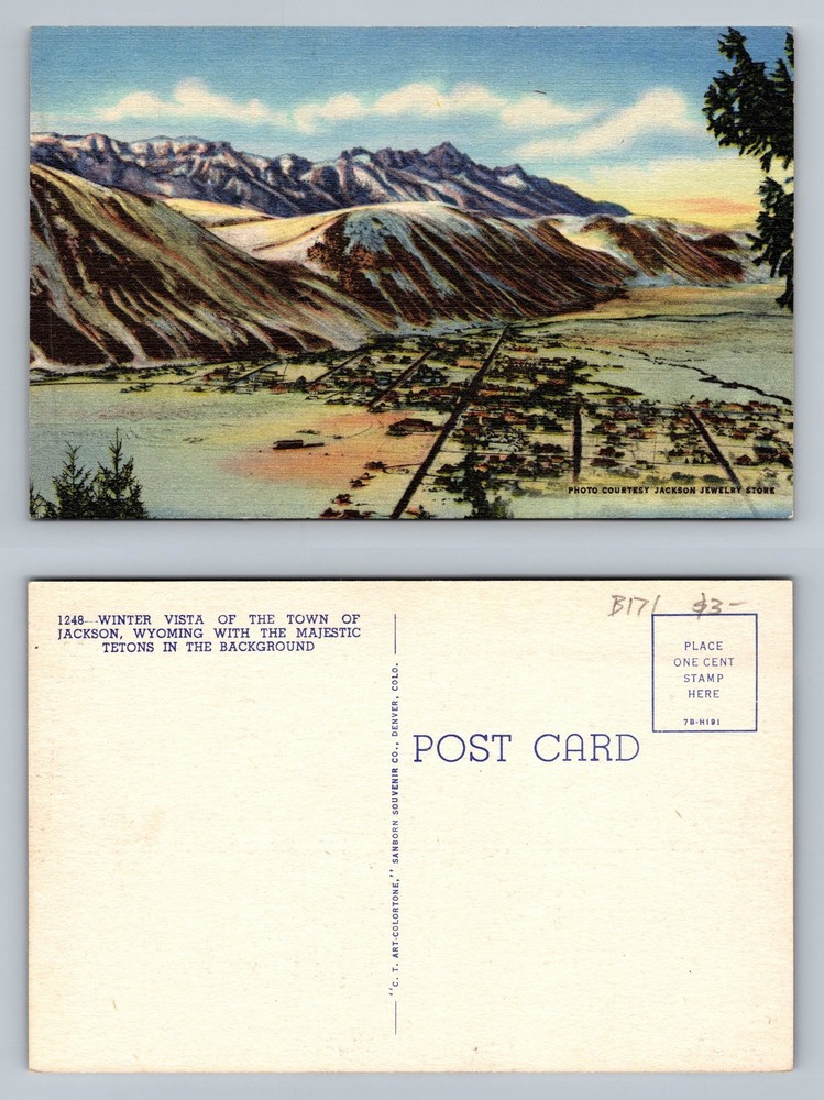 Jackson, WY-Wyoming, Winter Town Vista Tetons PC Scene Vintage Postcard