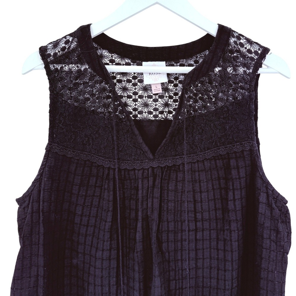 Black Lace Yoke V Neck Sleeveless Tank Top Women Size L Witchy Goth Dark Fairy