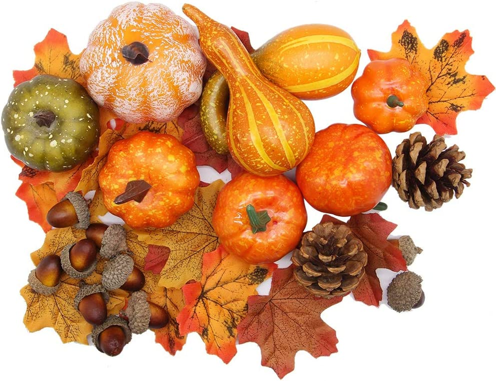 50Pcs Fall Pumpkins Decor Set, Mini Artificial Gourd Fall Leaves Acorns Decorati