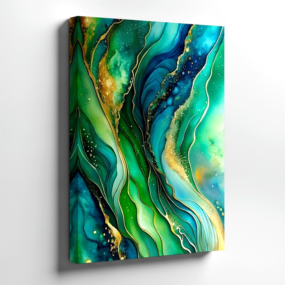 Wall Art Abstract Teal Blue Green Gold Fluid Marble Canvas Print Modern Decor