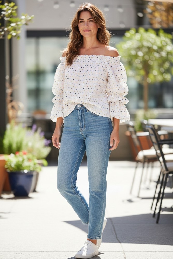 Caroline Constas Xs Top Off Shoulder Ruffled Sleeve Preppy Polka Dot