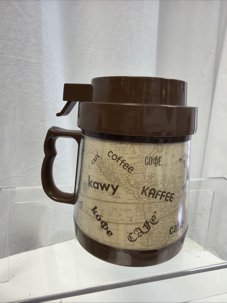 Vintage Thermo-Serv Map Languages No Spill 10 oz Travel Mug Coffee Cup + Lid