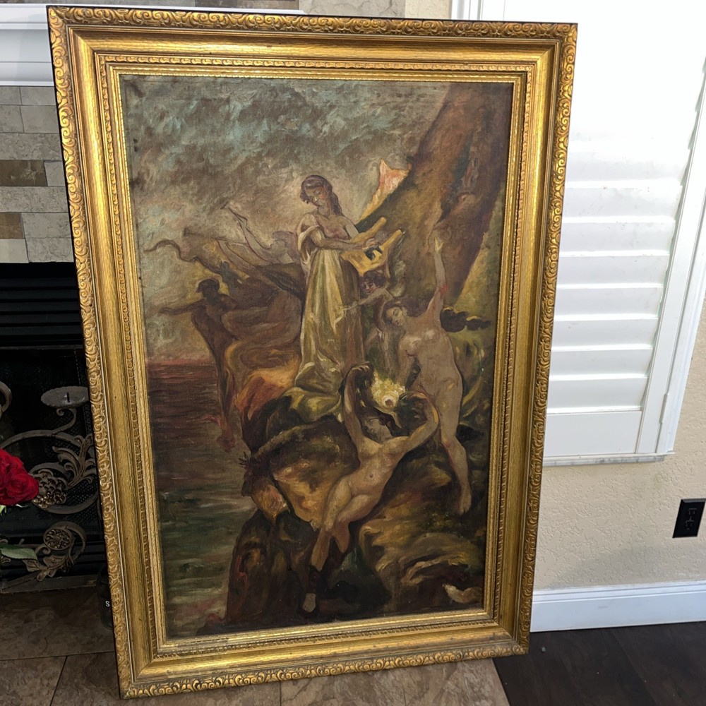 Antique Large  Hero And Leander  Oil Painting