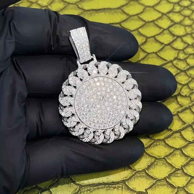 3 Ct Round Cut  Moissanite Cuban Medallion Pendant 14 K White Gold Plated Silver